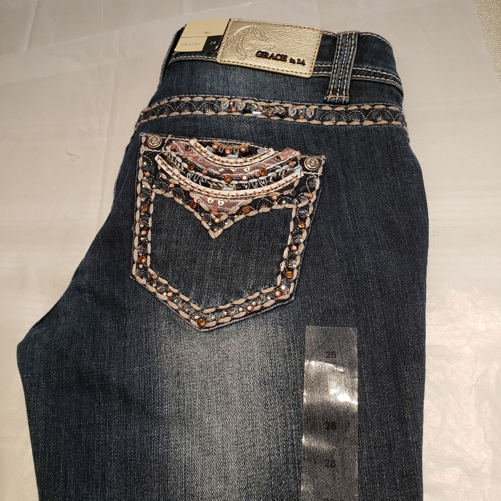 Grace In LA NEW Jeans Denim Embellished Jewel Stud Bead Mesh Slim Bootcut Womens - Picture 10 of 16